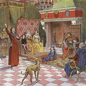 Minstrels entertaining a lord in his castle on a winters night (colour litho)