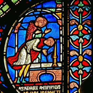 Detail from the Miracle Window depicting Eilward of Westoning giving thanks at the tomb