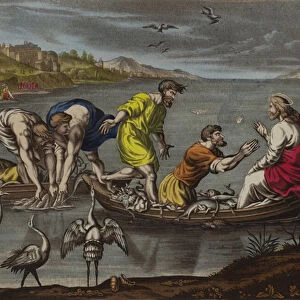 Miraculous draught of fishes (colour litho)