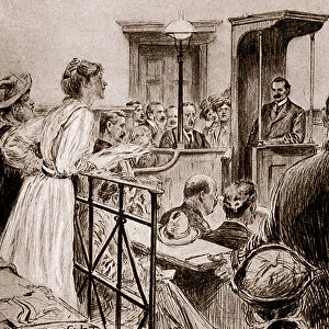 Miss Christabel Pankhurst questioning Mr Herbert Gladstone, 1909 (drawing)