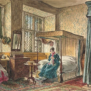 Miss Moore sewing in her bedroom, Hardwick Hall, Derbyshire (pen & ink and w / c on paper)