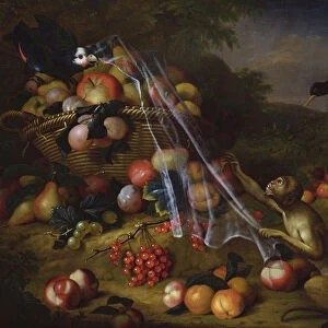 Mixed Fruit with a Monkey, a Parrot, a Jay and two Finches in a Landscape (oil on canvas)