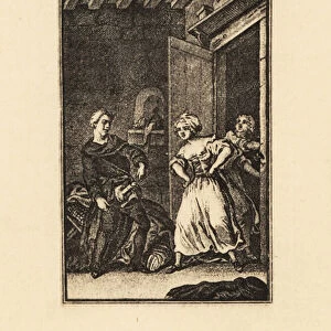 A monk exposing himself to maids in a bedroom, 18th century. 1911 (engraving)
