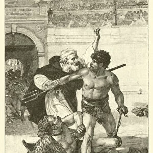 A monk, Telemachus, trying to stop the gladiatorial games at the Colosseum, Rome (engraving)