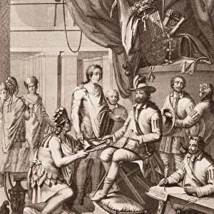Montezuma handing over his empire to the King of Spain, giving him a tribute
