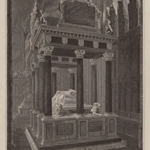 Monument of Queen Elizabeth I, co-founder of Jesus College, Oxford, in Westminster Abbey, London (engraving)