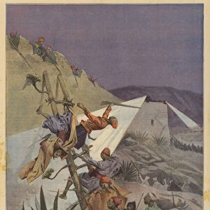 Moroccan tribesmen attempting to scale the walls of the French-occupied city of Casablanca (colour litho)