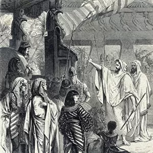 Moses and Aaron visiting the pharaoh (Moses and Aaron visiting the pharaoh) Engraving from Holy History by Lahure 19th century