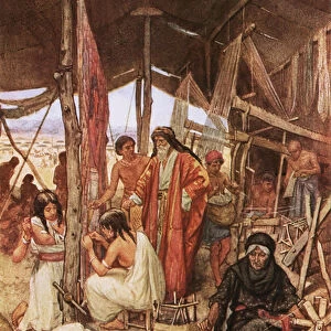 Moses inspecting the weaving and embroidering of the hangings of the Tebernacle