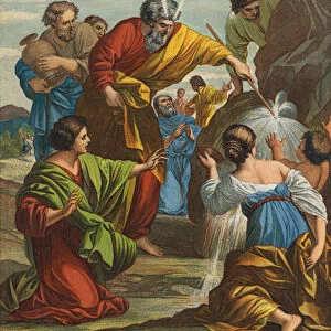 Moses striking the Rock (colour litho)