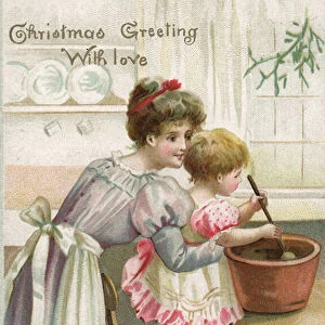Mother and child making a christmas pudding (colour litho)