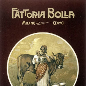 Mother making her baby drink cows milk - Fattoria Bolla advertising poster (poster)