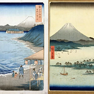 Mountains and coastline, two views from 36 Views of Mount Fuji, pub. by Kosheihei, 1853, (colour woodblock print)