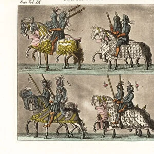 Mounted knights in armour in a procession, 15thC tournament (handcoloured copperplate engraving)