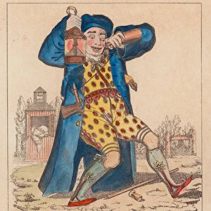 Mr Joseph Grimaldi as Clown, illuminating the entrace to Old Gutter Lane (coloured engraving)