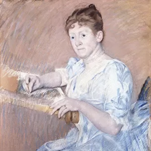 Mrs. Alexander J. Cassat in a Blue Evening Gown Seated at a Tapestry Frame