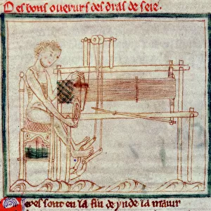Ms 0. 9. 34 fol. 32v Treadle Loom, from Romance of Alexander, 1250 (vellum)