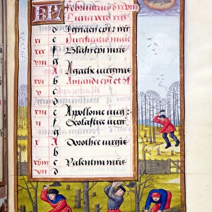 Ms 1058-1975 f2r Cutting Trees and Binding Faggots, illuminated page for February