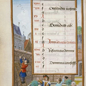 Ms 1058-1975 f3v Owner Giving Orders to his Gardeners, illuminated calendar page for