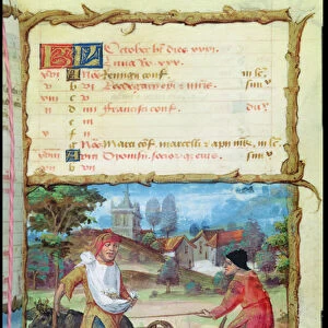 Ms 438 The Month of October: Ploughing and Sowing, from a Book of Hours, 1490 (vellum)