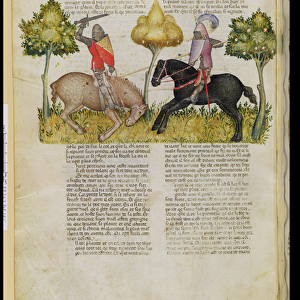 Ms Fr 343 fol. 26v Sir Percivals horse is killed, from the Queste del Saint Graal, c
