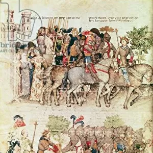 Ms Fr 343 fol. 8v Arthur and his knights setting out on the quest for the Holy Grail