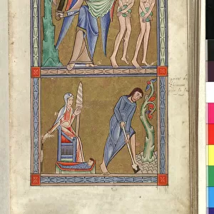 Ms Hunter 229 f. 8r Expulsion from Eden, below, Adam delving, Eve spinning, from the Hunterian Psalter, c. 1170 (pen & ink and tempera on vellum)