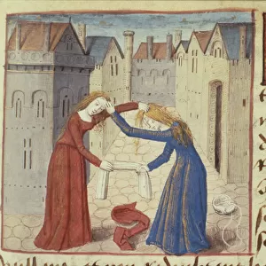 Ms Hunter 252 f. 186r Two women fighting, from Les Cent Nouvelles Nouvelles, 1462 (vellum)