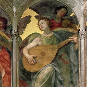 Musical angel within a trompe l oeil cloister, detail of an angel playing a mandolin