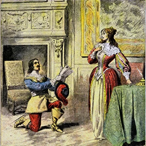 The Musketeer of Artagnan kneels at the feet of Queen Anne of Austria to return her