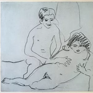 A Naked Couple Lying On A Bed (Drawing, 20th century)