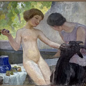 Naked girl playing with a goat Painting by Joseph Loys Prat (1879-1934), 20th century