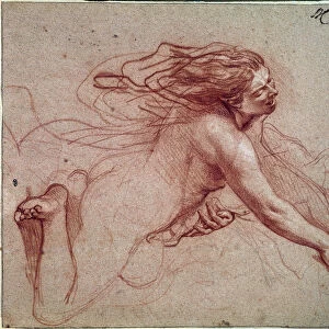 Naked woman on her knees. Drawing by Charles Lebrun (Le Brun) (1619-1690), 17th century