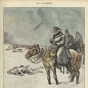 Napoelon on the retreat from Moscow, Illustration for Le Rire (colour litho)