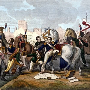 Napoleon I wounded in front of Regensburg on 23 April 1809. Engraving 19th century