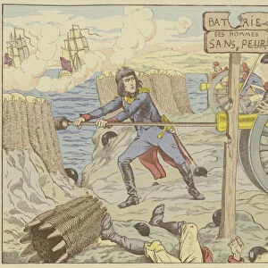 Napoleon loading a cannon like a common soldier at the Siege of Toulon, 1793 (colour litho)