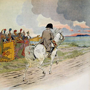 Napoleon passing in front of his troops on horseback when he left in Exile on the island