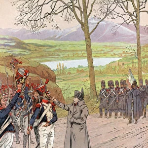 Napoleon, on his return from Elba, being momentarily blocked on the road at Grenoble (colour litho)