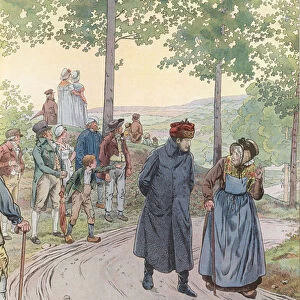 Napoleon talking to an old lady (colour litho)