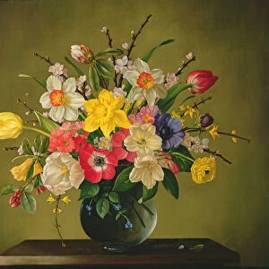 Narcissi, Anemones, Tulips, Forsythia, Rhododendron and Apple Blossom in a Glass Vase