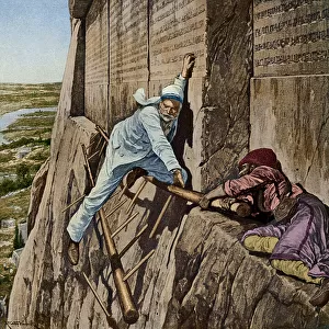 A narrow escape for Sir Henry Rawlinson at the Rock of Behistun, c. 1920 (litho)