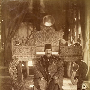 Nasruddin Shah sitting in front of the Peacock Throne, Gulistan Palace, Tehran