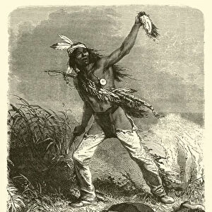 Native American holding up the scalp of his enemy (engraving)