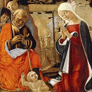 The Nativity, with the Annunciation to the Shepherds in the Distance, (tempera on panel)