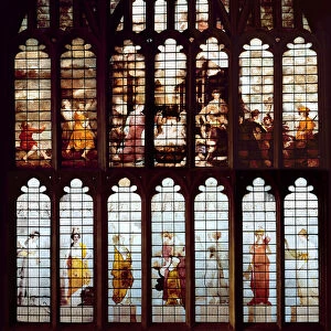 Nativity scene and the Virtues (stained glass)