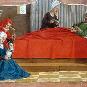 Nativity of the Virgin Anne gives birth to Mary. Painting by Nicolas Dipre (or Ypres