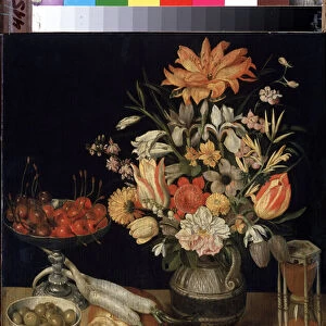 "Nature morte aux fleurs, poulet, sablier, olives, cerises et chou"(Still life with flowers and snack) Peinture de Georg Flegel (1566-1638) 1630-1635 Dim. 52. 5x41 cm Musee de l Ermitage, Saint Petersbourg