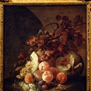 Nature morte aux peches (Still life with peaches). Peinture de Jan Frans van Son (1658-1718). Huile sur toile, 77 x 64 cm, 17e siecle. Ecole flamande, art baroque. Musee des Beaux Arts Pouchkine, Moscou