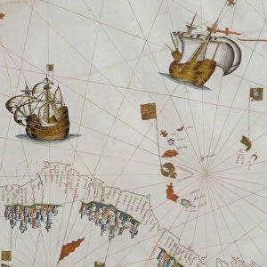 A Nautical Map, detail of the Canary Islands, 1564 (colour litho)