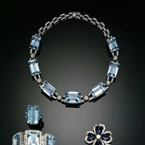 Necklace, ring, brooch and bracelet (aquamarine, diamonds, sapphires & platinum)